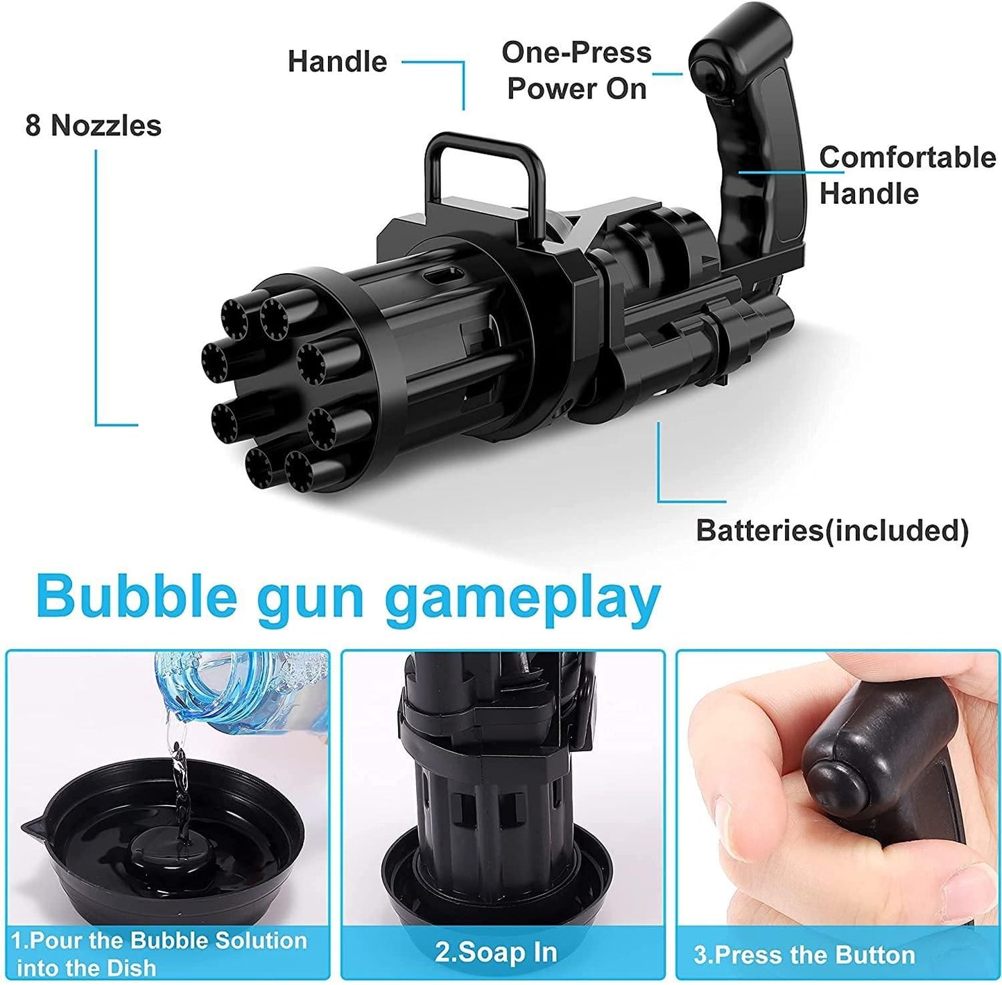 Bubble Gun- 8 Hole Automatic Gatling Bubble Gun Blower Maker, with 3 Batteries and Bubble Water(Assorted Color)